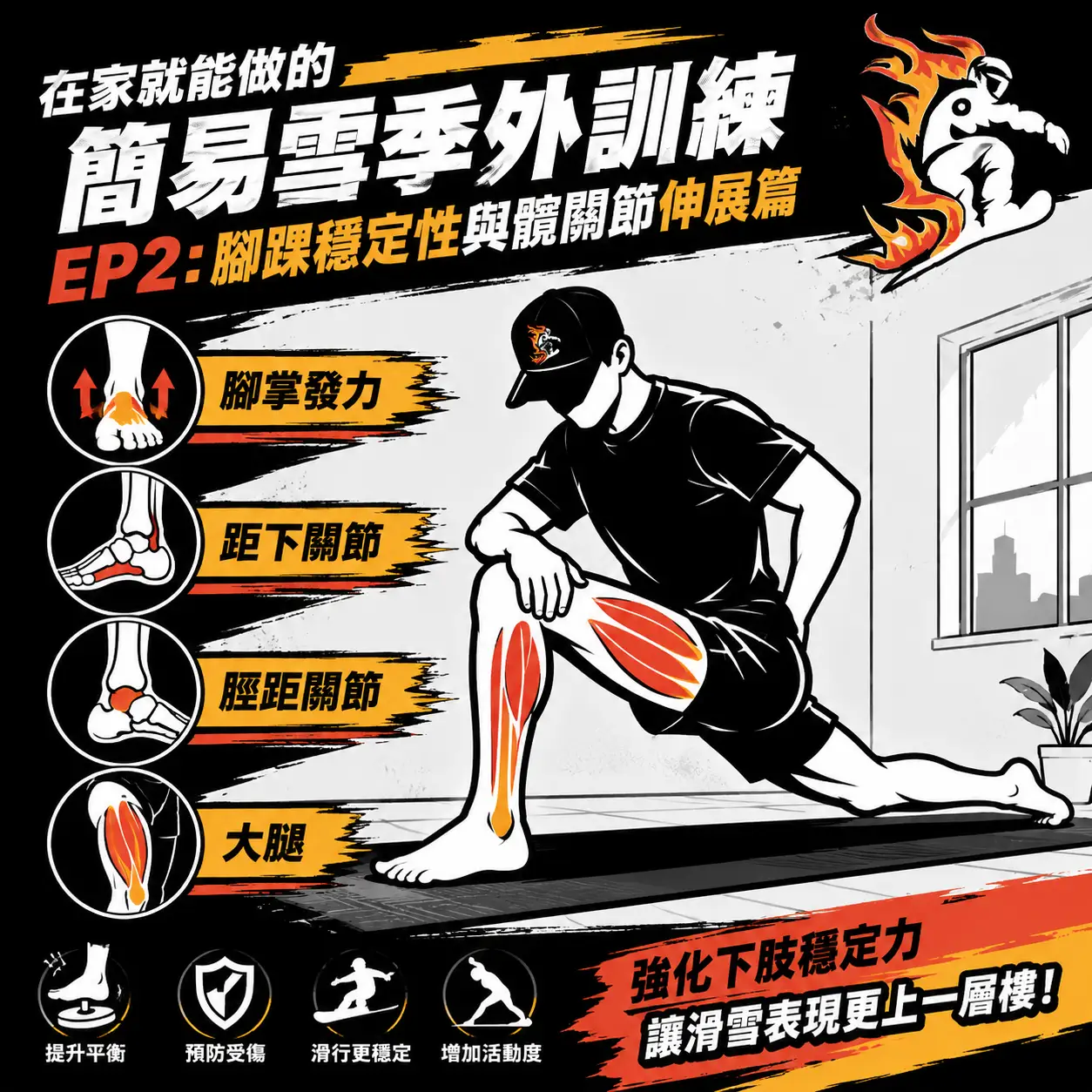 在家就能做的簡易雪季外訓練EP2:腳踝穩定性與髖關節伸展篇封面圖